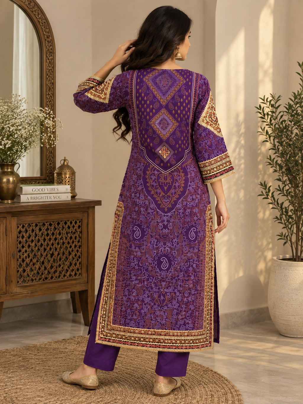 Women Purple Printed Straight Kurta Suit Set with Dupatta