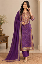 Women Purple Printed Straight Kurta Suit Set with Dupatta