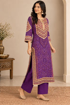 Women Purple Printed Straight Kurta Suit Set with Dupatta