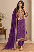 Women Purple Printed Straight Kurta Suit Set with Dupatta