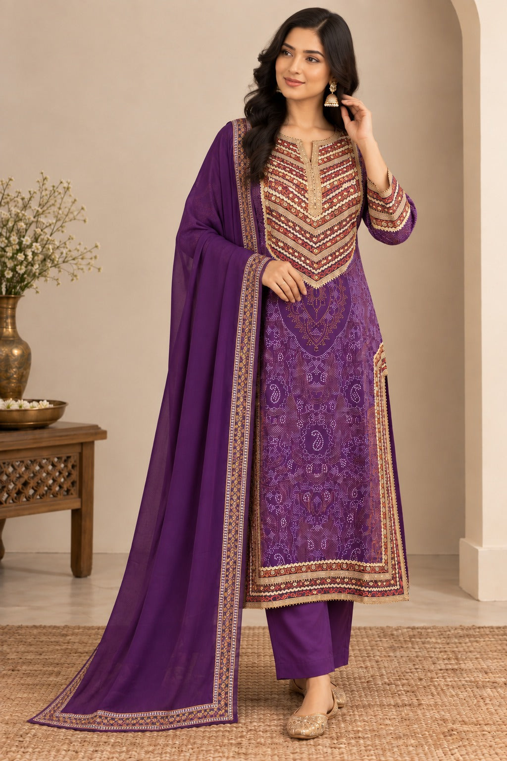 Women Purple Printed Straight Kurta Suit Set with Dupatta
