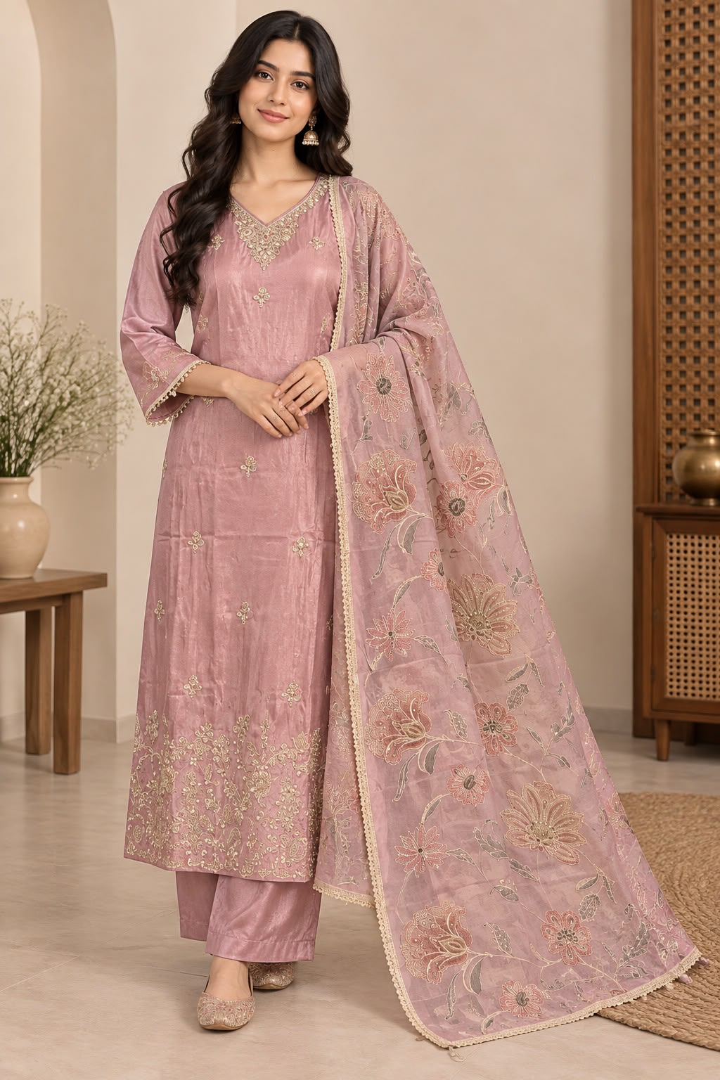 Dusty Pink Embroidered Kurta Set with Floral Dupatta