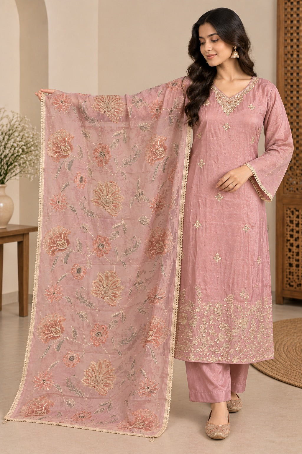 Dusty Pink Embroidered Kurta Set with Floral Dupatta