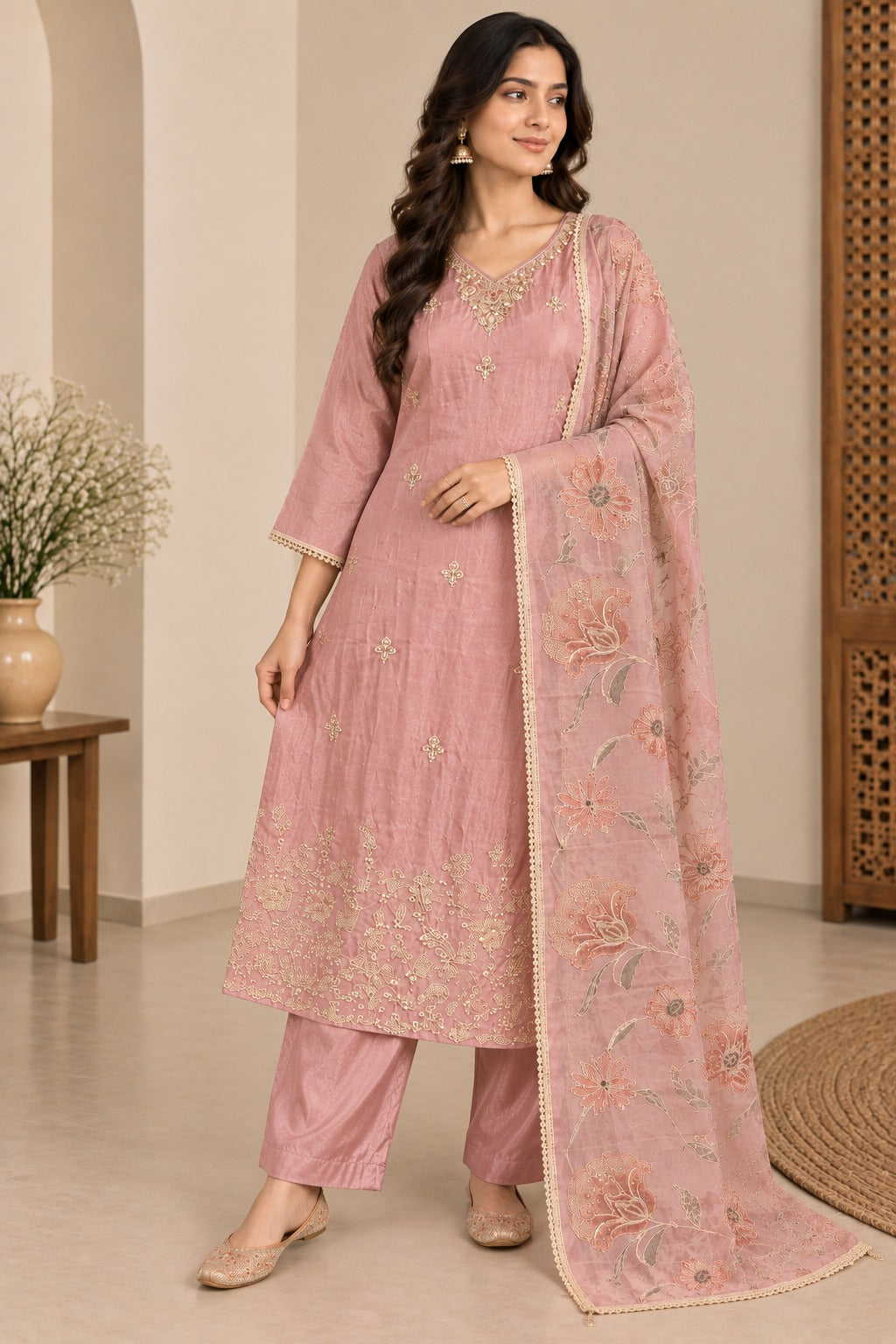 Dusty Pink Embroidered Kurta Set with Floral Dupatta