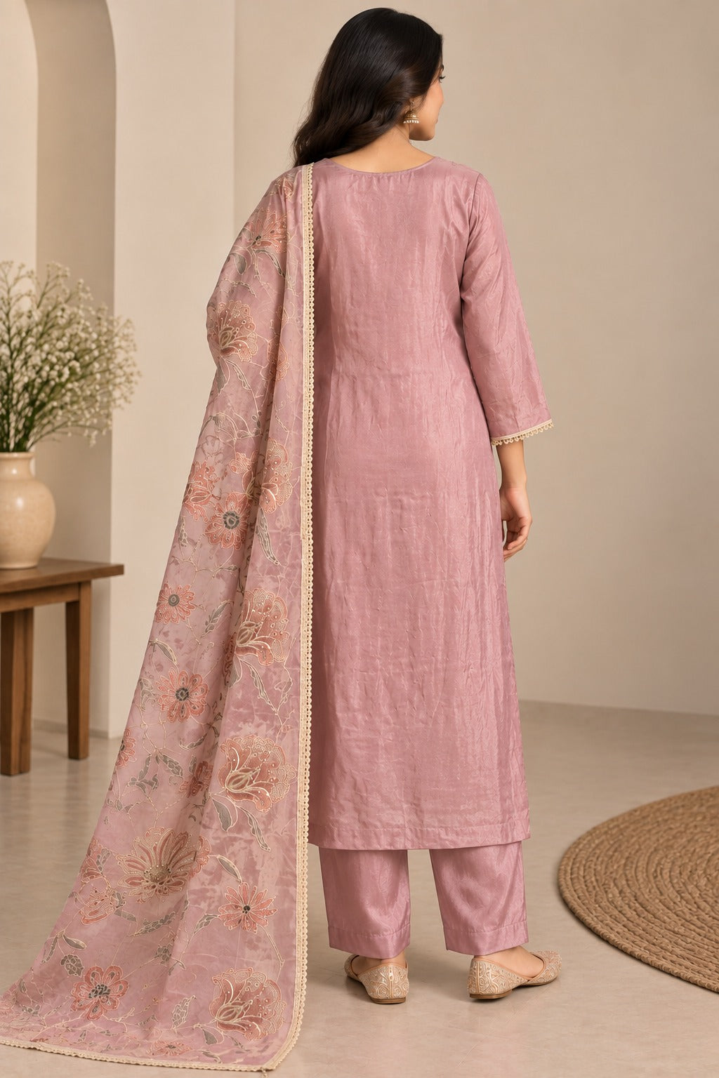Dusty Pink Embroidered Kurta Set with Floral Dupatta