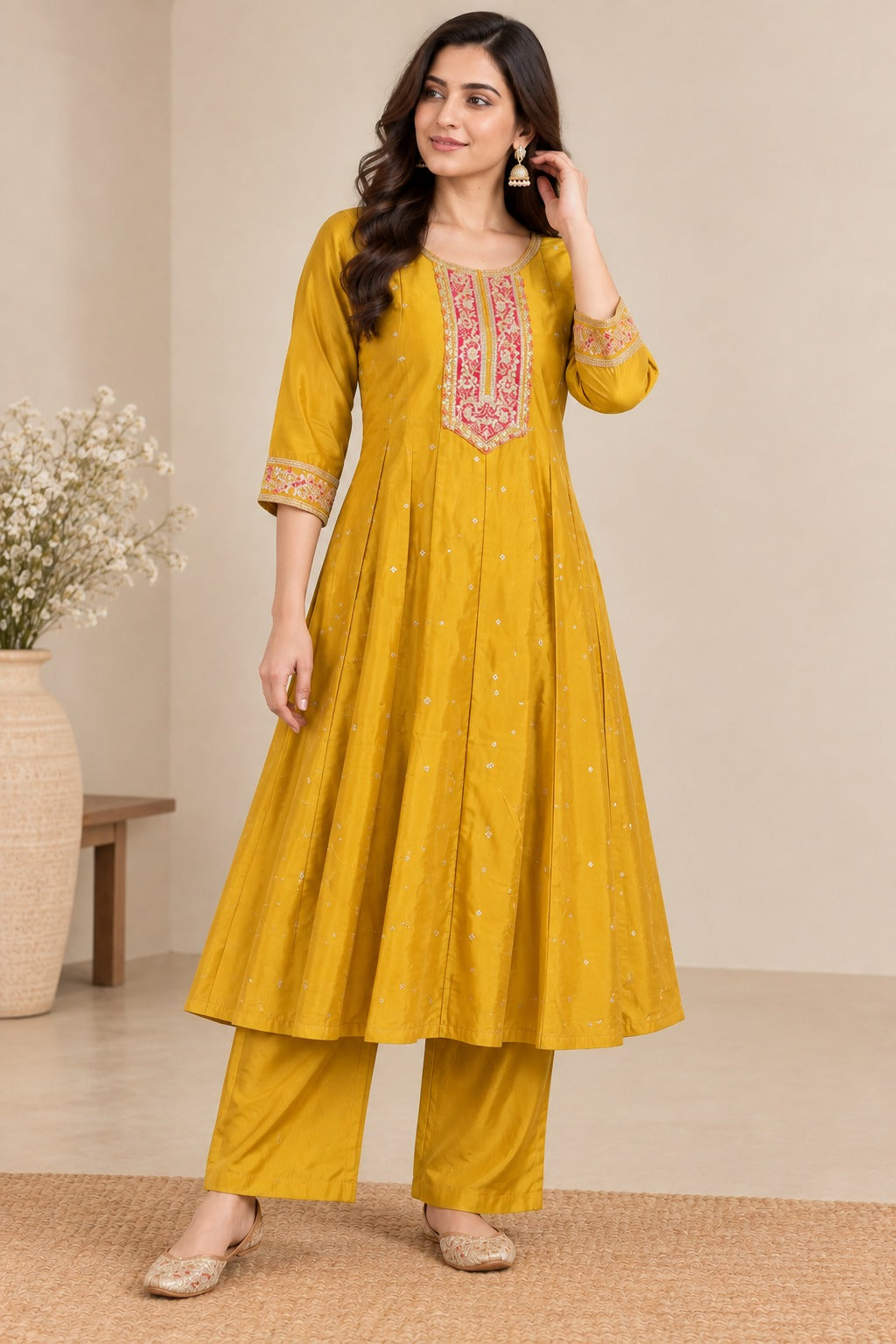 Mustard Yellow Embroidered Anarkali Kurta Set with Dupatta
