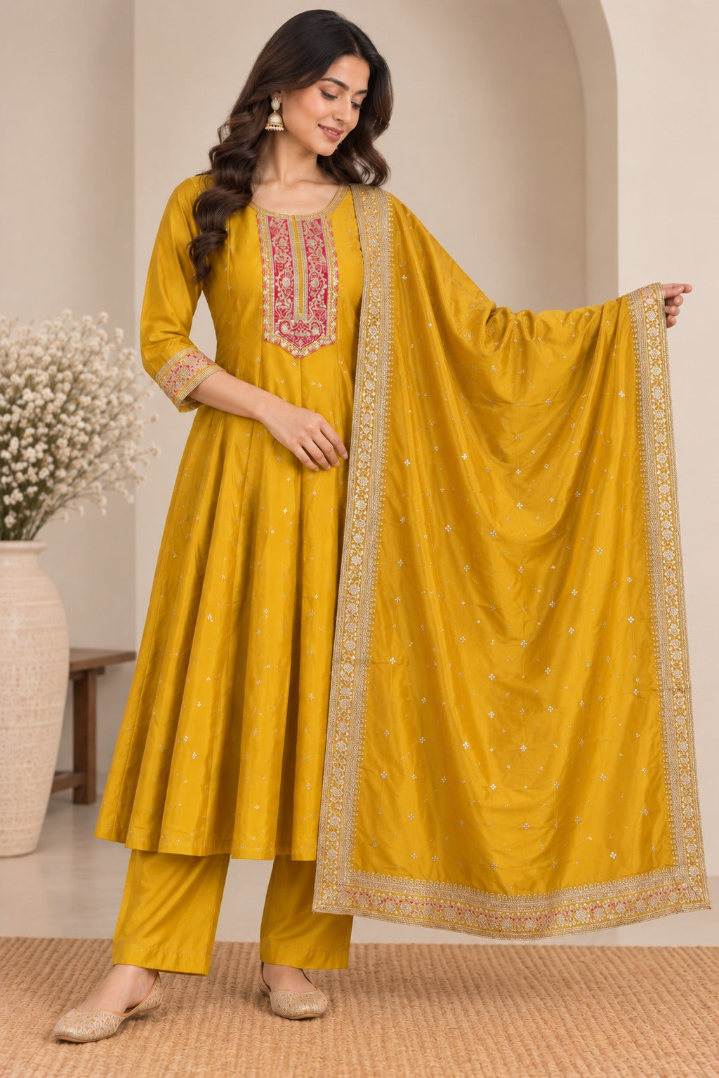 Mustard Yellow Embroidered Anarkali Kurta Set with Dupatta