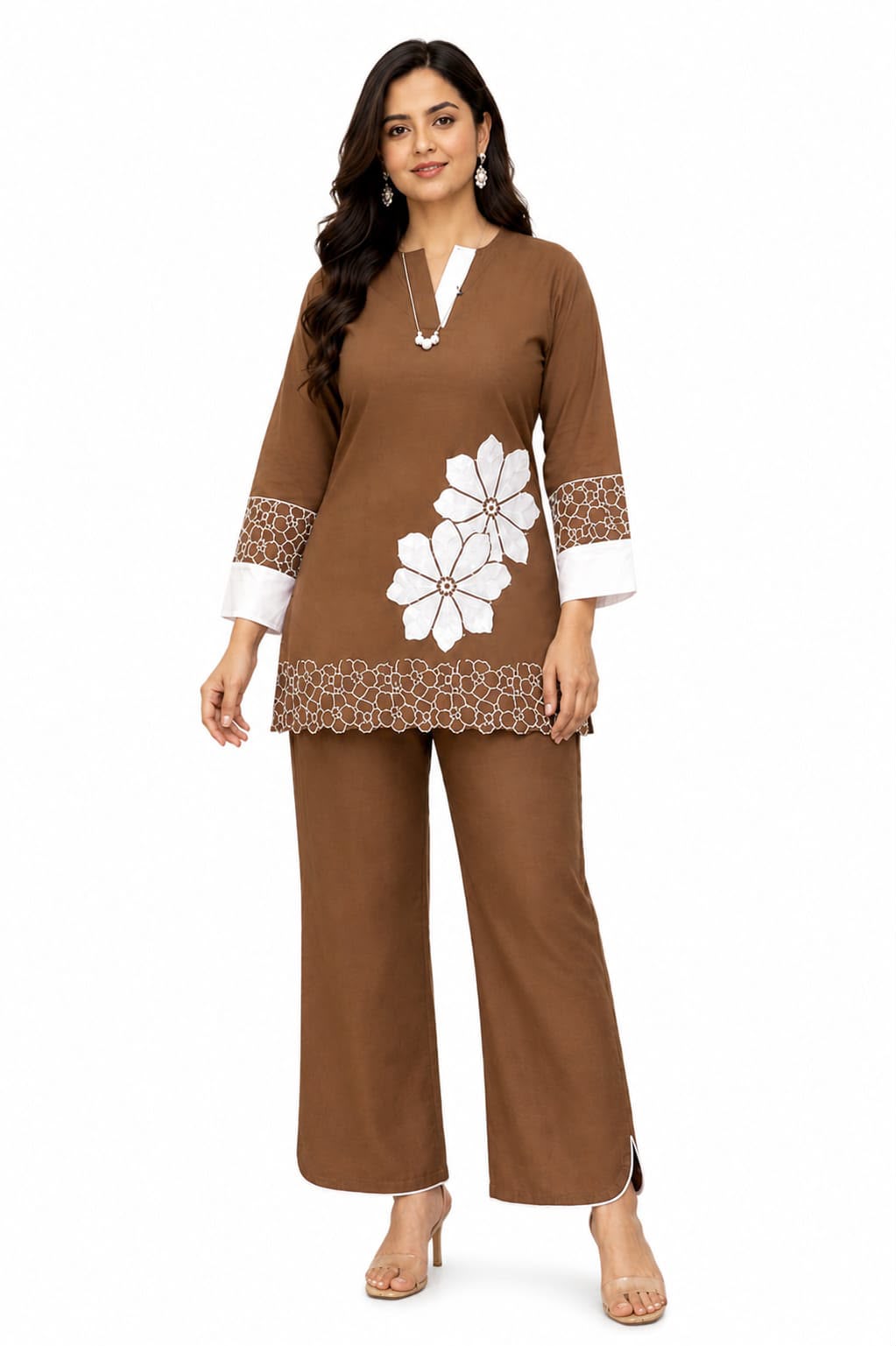 Zylora Brown Floral Applique Cotton Kurti with Pants Set