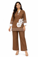 Zylora Brown Floral Applique Cotton Kurti with Pants Set