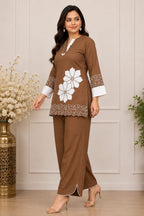 Zylora Brown Floral Applique Cotton Kurti with Pants Set