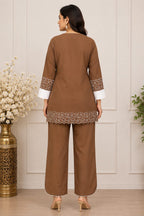 Zylora Brown Floral Applique Cotton Kurti with Pants Set