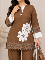 Zylora Brown Floral Applique Cotton Kurti with Pants Set