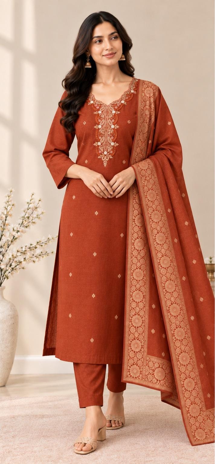 Women’s Rust Embroidered Straight Kurta Pant & Dupatta Set | Elegant Ethnic Wear
