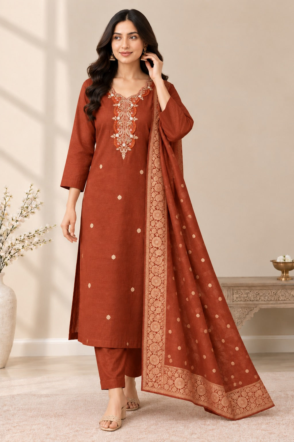 Women’s Rust Embroidered Straight Kurta Pant & Dupatta Set | Elegant Ethnic Wear