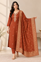 Women’s Rust Embroidered Straight Kurta Pant & Dupatta Set | Elegant Ethnic Wear