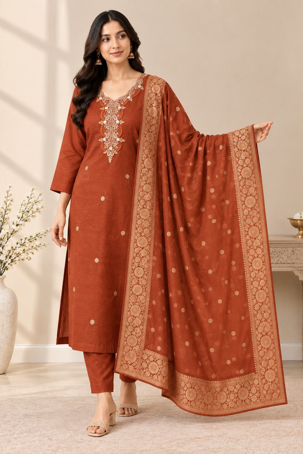 Women’s Rust Embroidered Straight Kurta Pant & Dupatta Set | Elegant Ethnic Wear