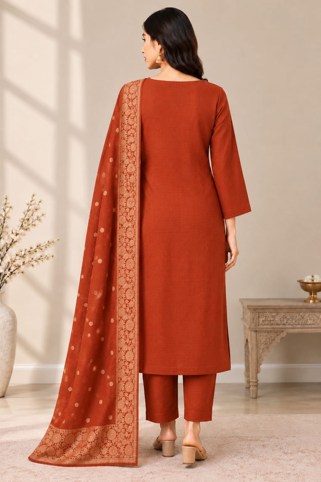 Women’s Rust Embroidered Straight Kurta Pant & Dupatta Set | Elegant Ethnic Wear