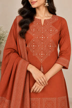 Rust Orange Geometric Embroidered Kurta with Palazzo & Dupatta Set