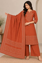 Rust Orange Geometric Embroidered Kurta with Palazzo & Dupatta Set