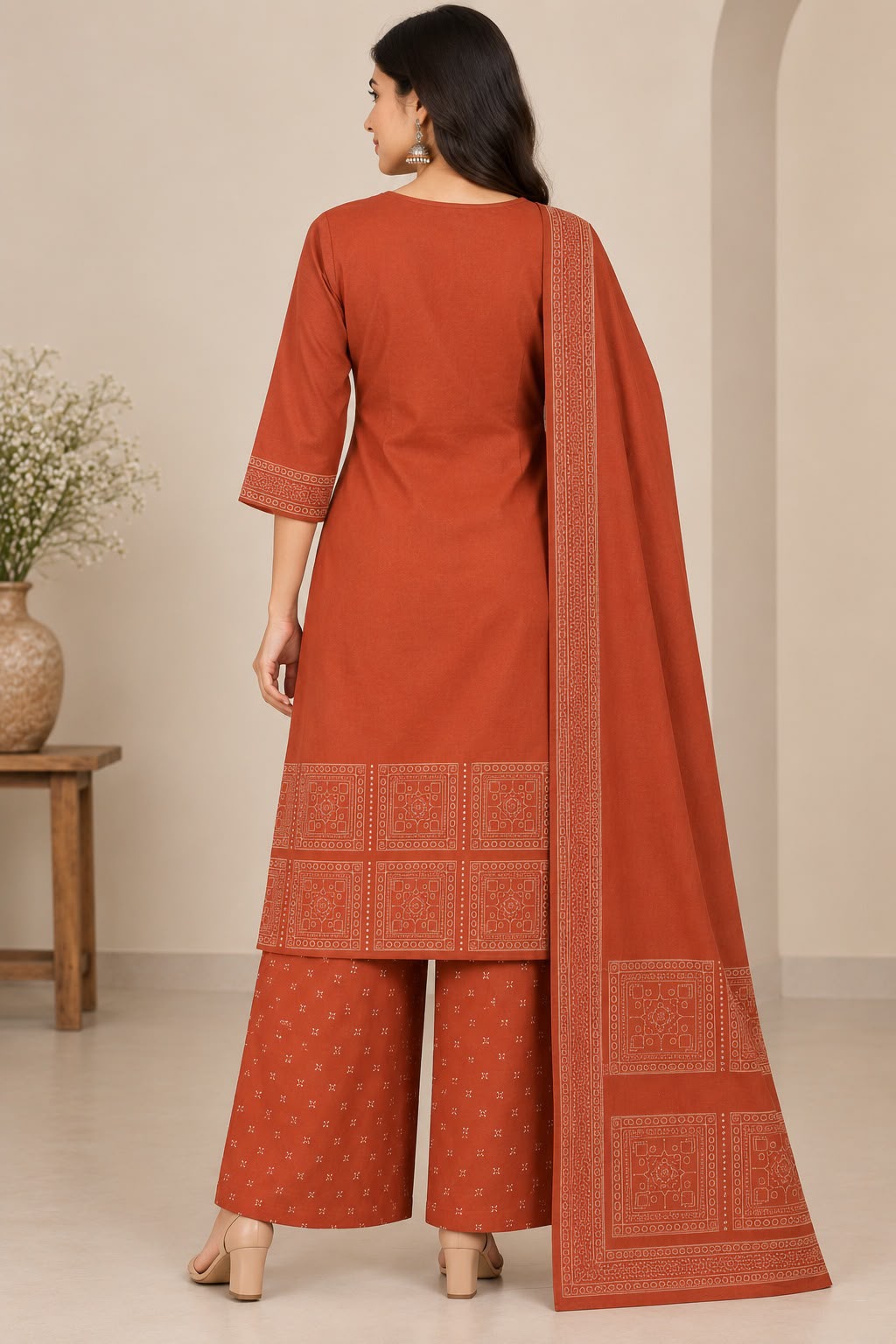 Rust Orange Geometric Embroidered Kurta with Palazzo & Dupatta Set