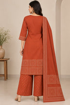 Rust Orange Geometric Embroidered Kurta with Palazzo & Dupatta Set