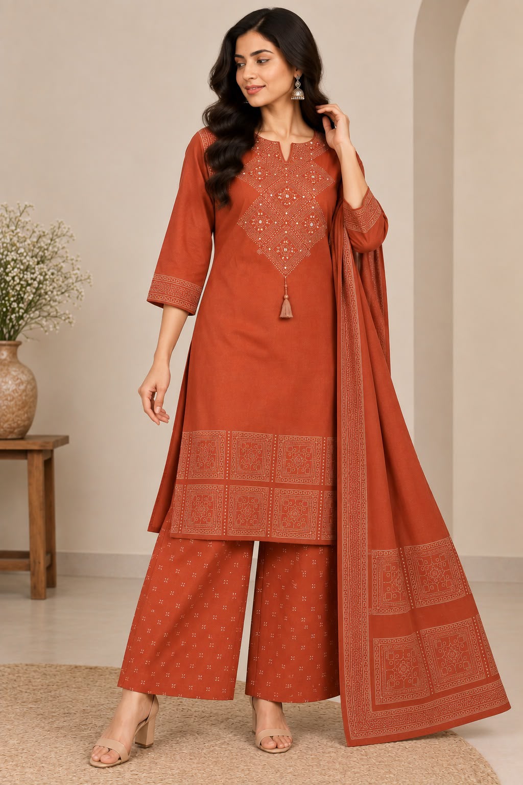 Rust Orange Geometric Embroidered Kurta with Palazzo & Dupatta Set