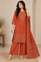 Rust Orange Geometric Embroidered Kurta with Palazzo & Dupatta Set
