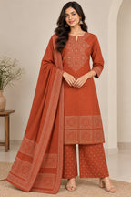 Rust Orange Geometric Embroidered Kurta with Palazzo & Dupatta Set