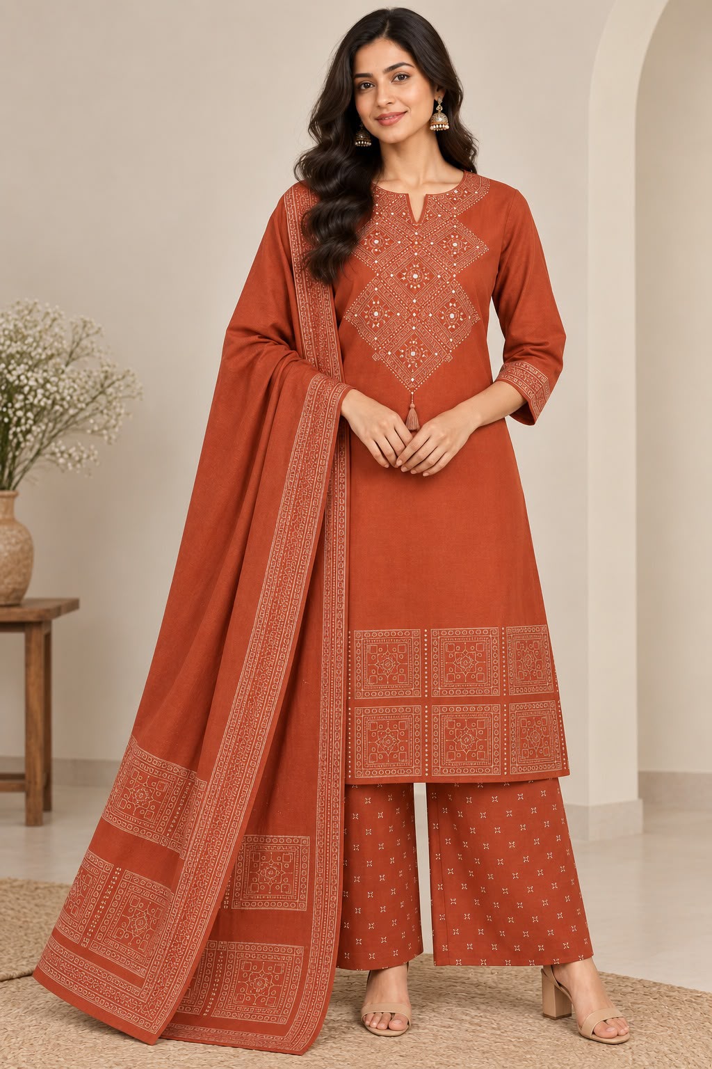 Rust Orange Geometric Embroidered Kurta with Palazzo & Dupatta Set