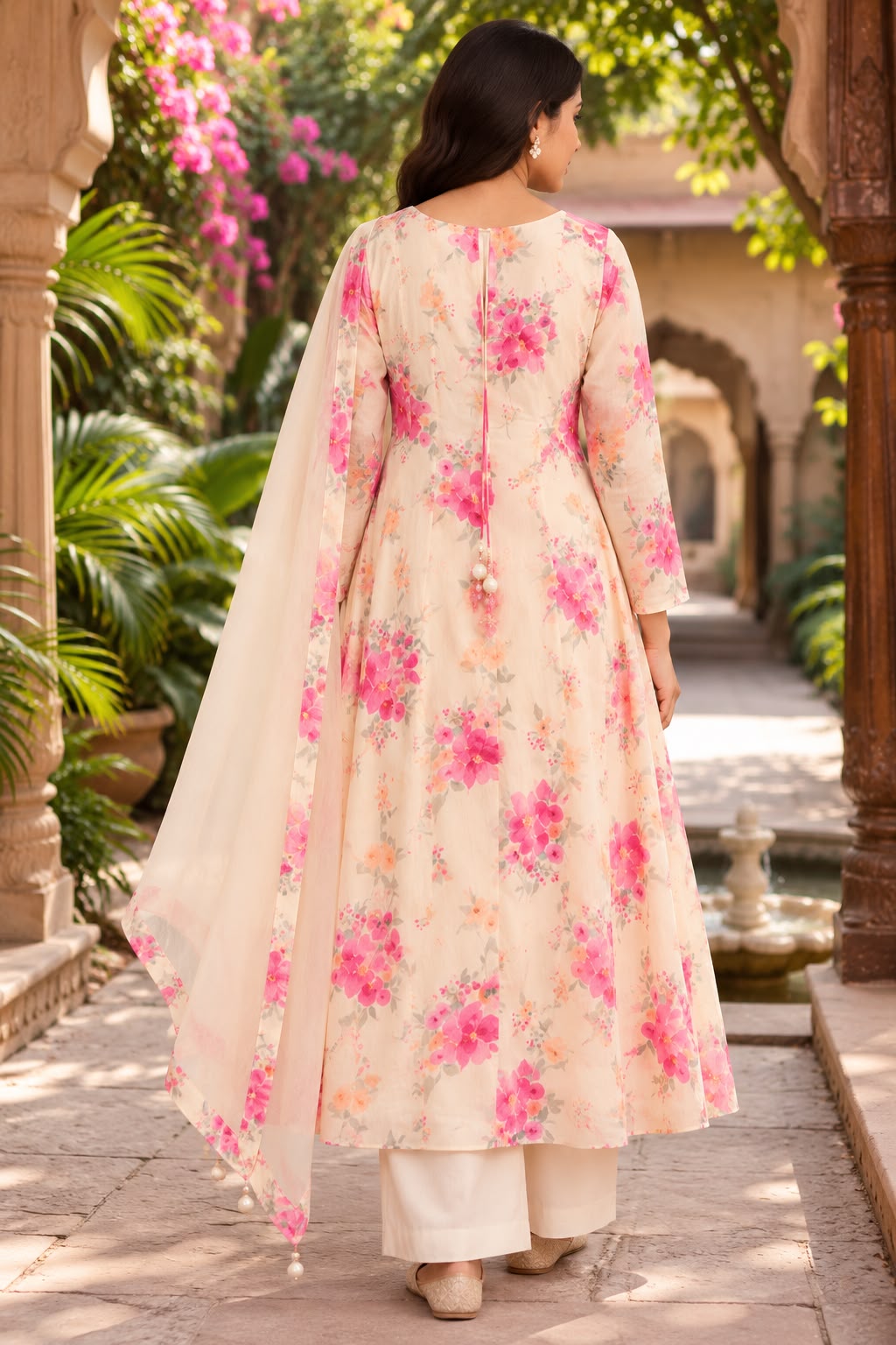 Elegant Cream Floral Printed Anarkali Kurta Set for Women