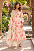 Elegant Cream Floral Printed Anarkali Kurta Set for Women