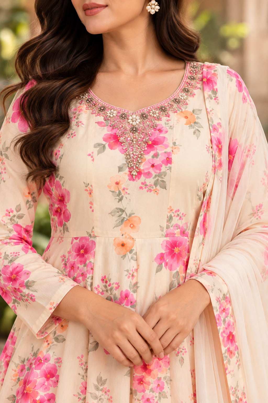 Elegant Cream Floral Printed Anarkali Kurta Set for Women