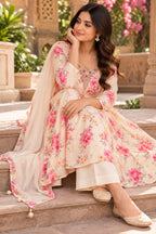 Elegant Cream Floral Printed Anarkali Kurta Set for Women