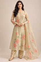 Champagne Beige Floral Embroidered Salwar Suit with Dupatta