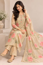 Champagne Beige Floral Embroidered Salwar Suit with Dupatta