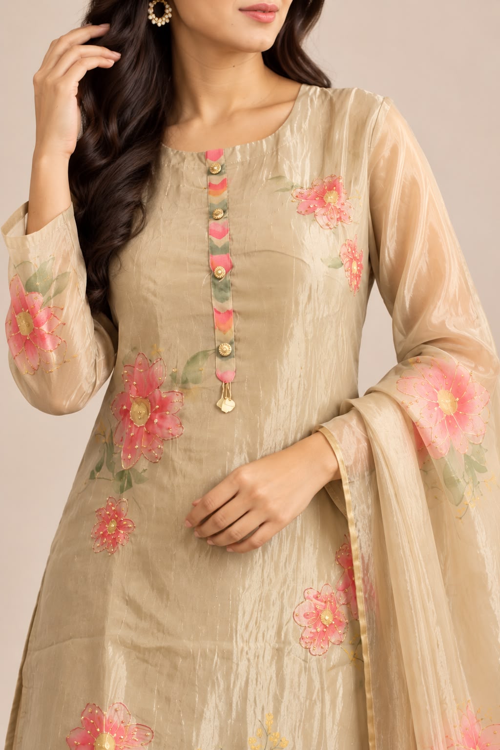 Champagne Beige Floral Embroidered Salwar Suit with Dupatta