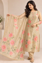 Champagne Beige Floral Embroidered Salwar Suit with Dupatta