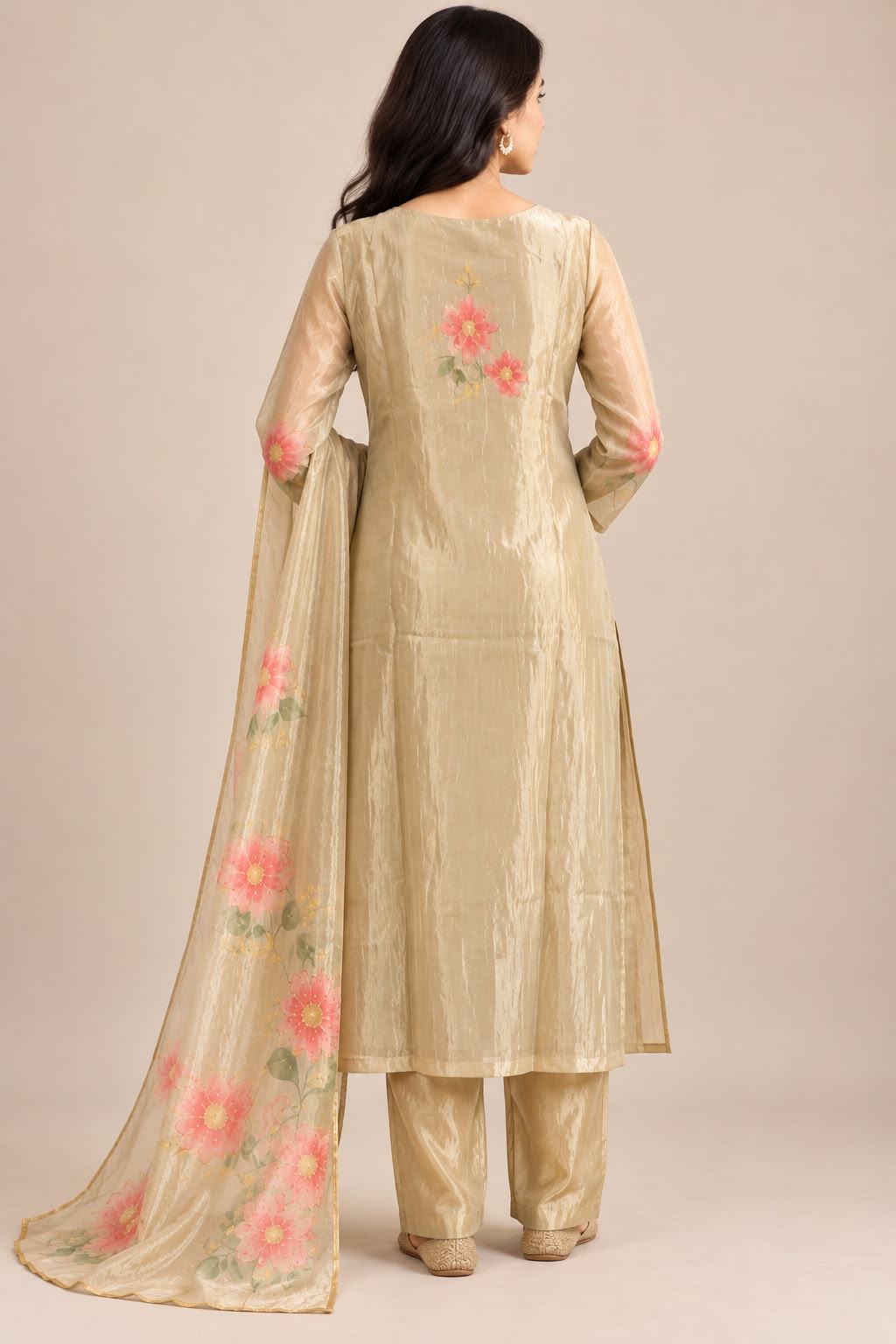 Champagne Beige Floral Embroidered Salwar Suit with Dupatta