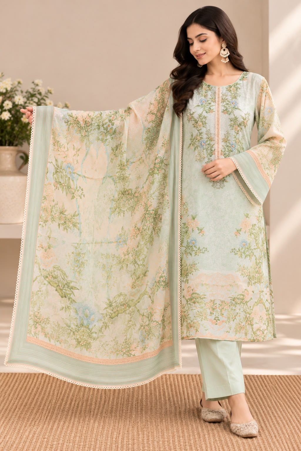 Pastel Green Floral Pakistani Suit Set with Dupatta
