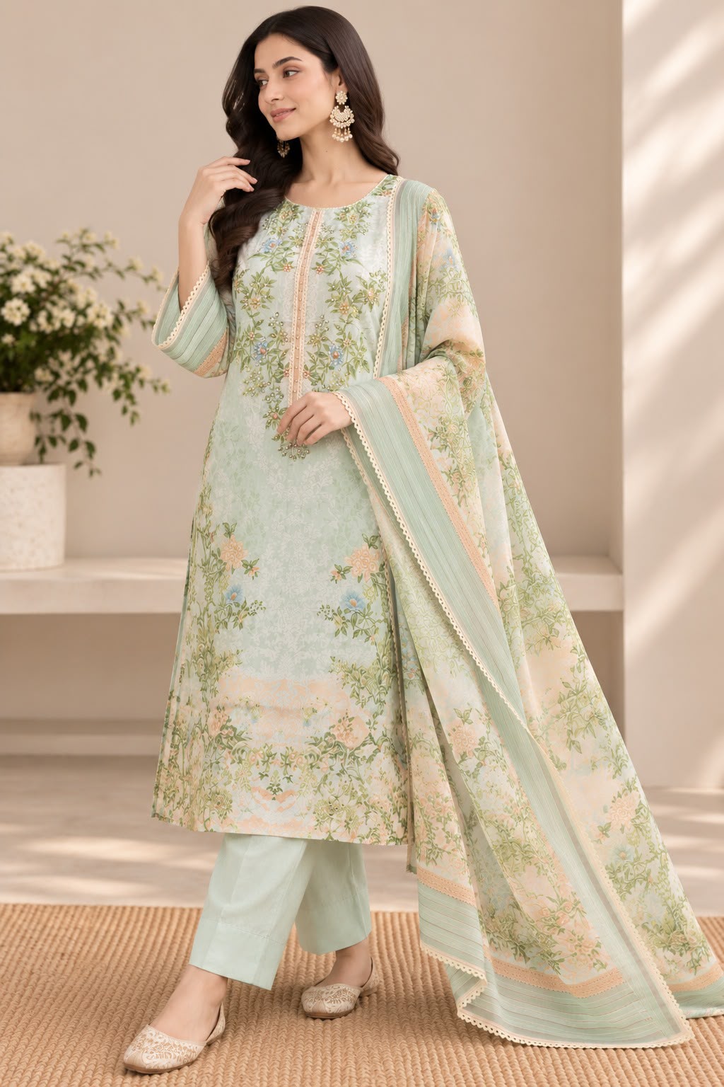 Pastel Green Floral Pakistani Suit Set with Dupatta
