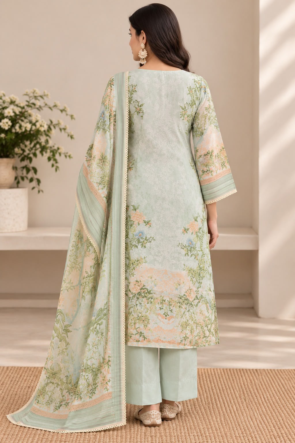 Pastel Green Floral Pakistani Suit Set with Dupatta