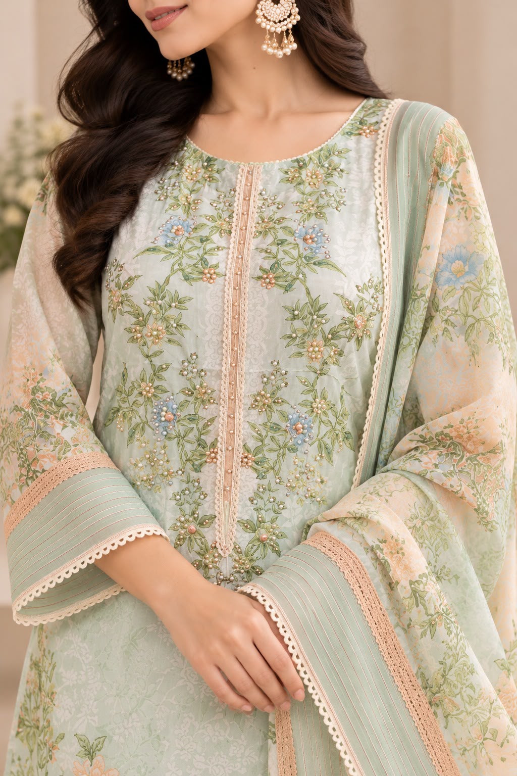 Pastel Green Floral Pakistani Suit Set with Dupatta