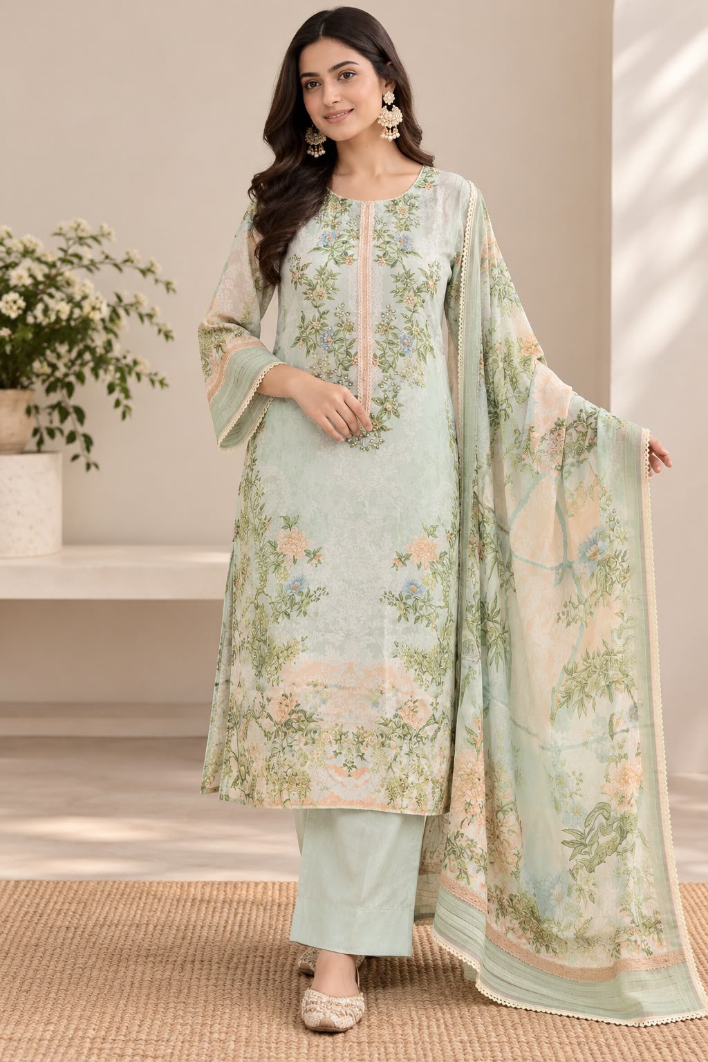 Pastel Green Floral Pakistani Suit Set with Dupatta
