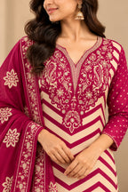 Women’s Magenta and Cream Printed Straight Kurta Set with Dupatta