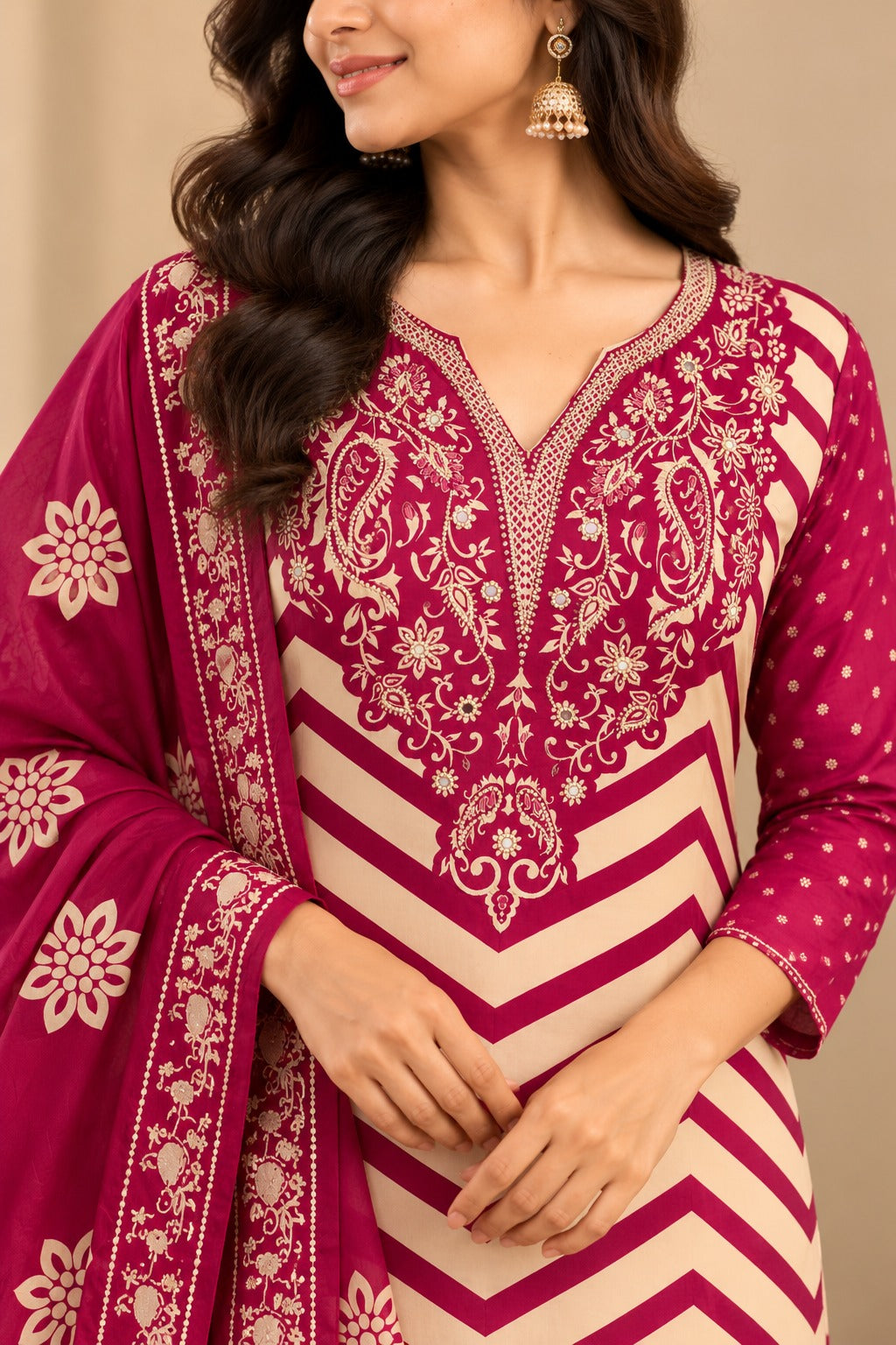 Women’s Magenta and Cream Printed Straight Kurta Set with Dupatta