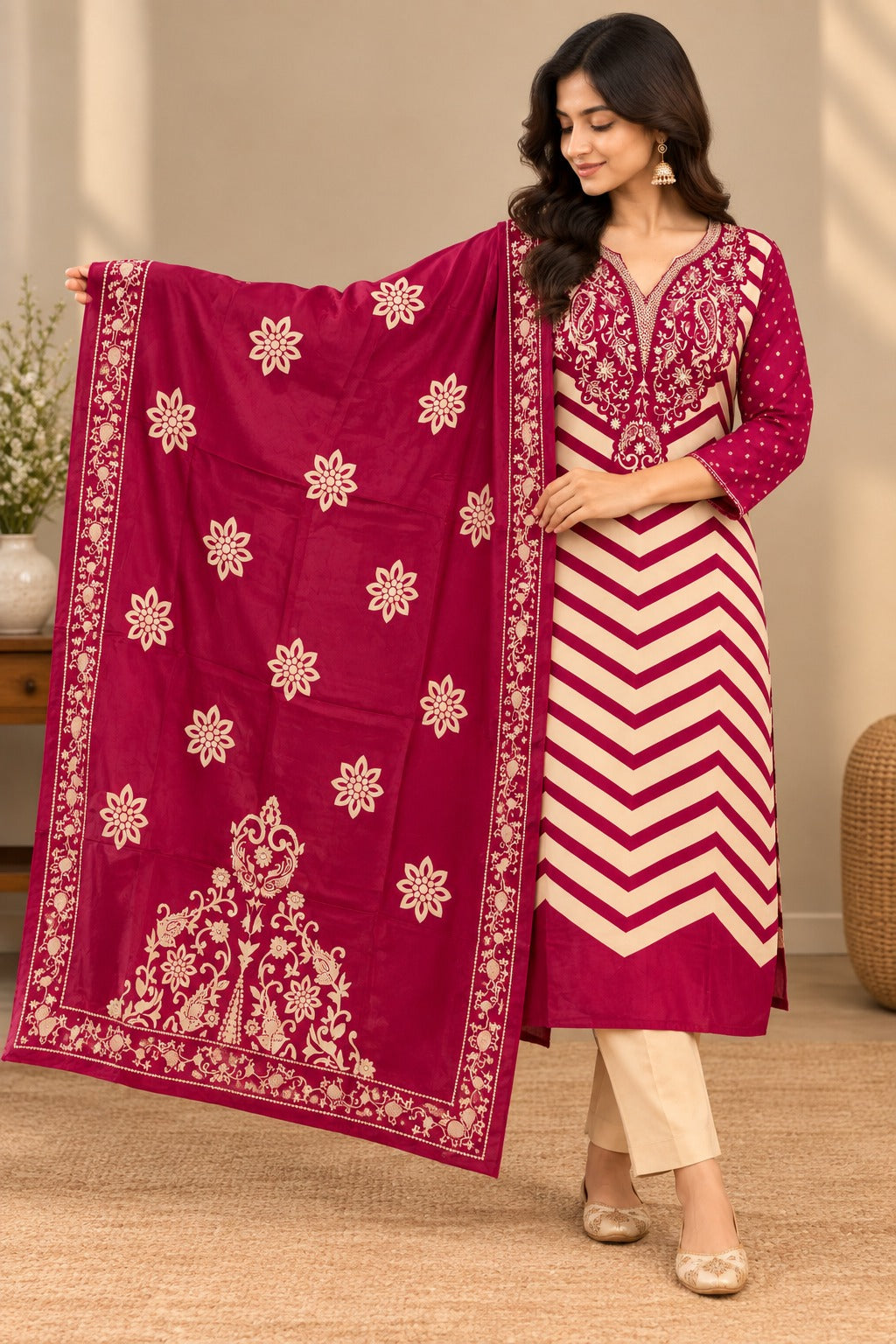 Women’s Magenta and Cream Printed Straight Kurta Set with Dupatta