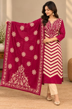 Women’s Magenta and Cream Printed Straight Kurta Set with Dupatta