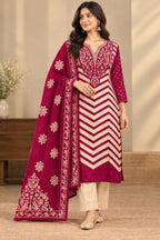 Women’s Magenta and Cream Printed Straight Kurta Set with Dupatta