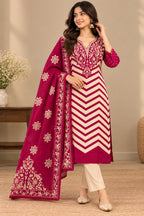 Women’s Magenta and Cream Printed Straight Kurta Set with Dupatta