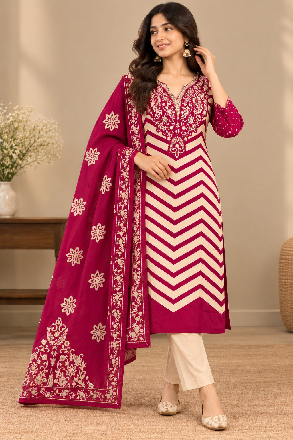 Women’s Magenta and Cream Printed Straight Kurta Set with Dupatta